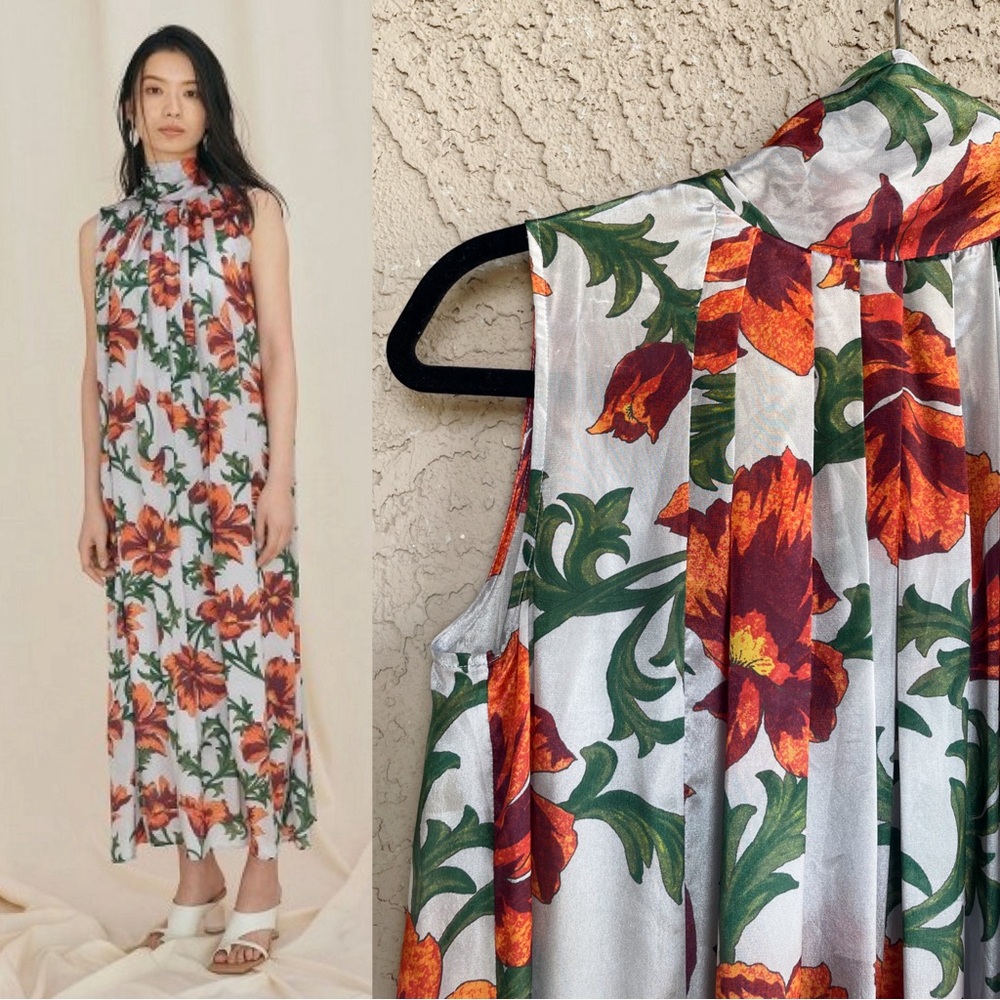 FRAY I.D Shiny Gray Red Floral Printed High Neck Tie Loose Fit Flowy Maxi Dress